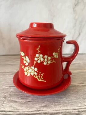 Ceramic Traditional Chinese Tea Cup with Infuser Lid Flowers Mug Cup 4 Pc Set